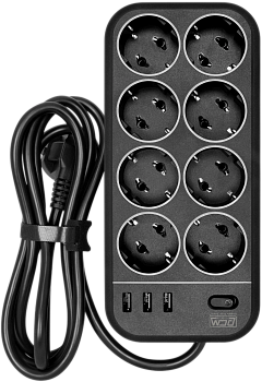 Фильтр-удлинитель PowerCom SP-08 USB03AB 3.0M, 8 розеток, черный, 16А, 4кВт, 175Дж, 3*USB, защитные 