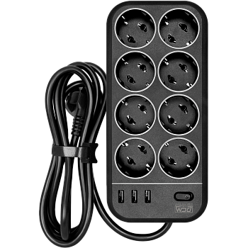 Фильтр-удлинитель PowerCom SP-08 USB03AB 1.8M, 8 розеток, черный, 16А, 4кВт, 175Дж, 3*USB, защитные 