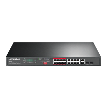 Mercusys MS118CP Коммутатор/ 16-Port 10/100Mbps + 2-Port Gigabit Rackmount Switch with 16-Port PoE+