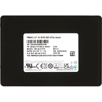 Твердотельный накопитель/ Samsung SSD PM9A3, 15360GB, U.2(2.5" 7mm), NVMe, PCIe 4.0 x4, 3D TLC, R/W 