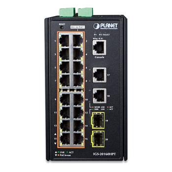 PLANET IGS-20160HPT коммутатор/ PLANET IP30 Industrial L2+/L4 16-Port 1000T 802.3at PoE+ 2-Port 1000