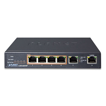 PLANET GSD-604HP коммутатор/ PLANET 4-Port 10/100/1000T 802.3at POE + 2-Port 10/100/1000T Desktop Sw