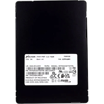 Твердотельный накопитель/ Micron SSD 7450 PRO, 7680GB, U.3(2.5" 7mm), NVMe, PCIe 4.0 x4, 3D TLC, R/W
