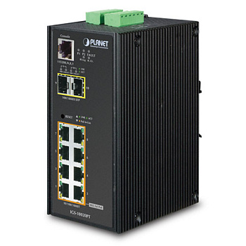 PLANET IGS-10020PT коммутатор/ PLANET IP30 L2+ SNMP Manageable 8-Port Gigabit POE(Af) Switch + 2-Por