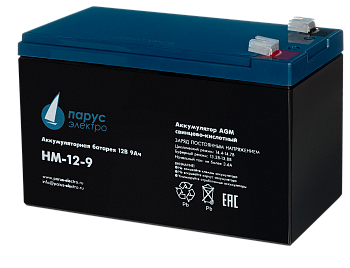 Battery Parus Electro, standard series HM-12-9, voltage 12V, capacity 9Ah (discharge 20 hours), max.